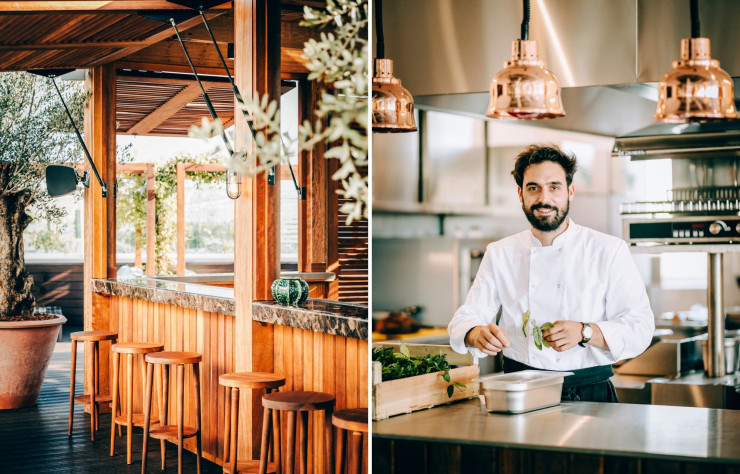 A gauche : Sur la terrasse, le bar ressemble à un cabanon à bardage d’iroko, comme un souvenir de vacances. A droite : Pour régaler ses clients, le chef Jérémy Claudepierre se sert des produits de la plus grande ferme urbaine d’Europe, installée sur les toits de Paris Expo.
