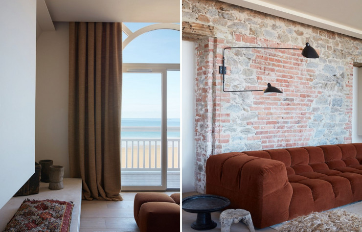 Dans un ambiance minimaliste, le canapé Tufty Time de Patricia Urquiola (B&B Italia) marque le salon de sa présence. A ses pieds, plateau à offrande et tabouret en orme de Chine. Coussins de sol réalisés à l’atelier La Maison générale. Tapis ancien, applique Serge Mouille.