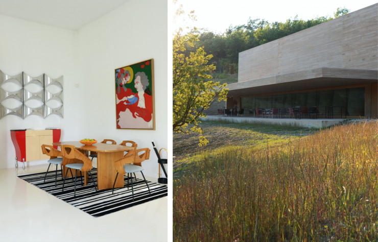 De gauche à droite : La Villa Rouge de l’hôtel Les Andeols est une œuvre d’art en soi. À Viens, le nouveau chai ultramoderne du domaine Les Davids, signé Marc Barani.