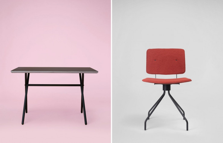 A gauche : Le dessin du bureau Bai, en bois et structure acier, joue la simplicité et l’épure et lui permet de se marier à toutes les ambiances déco. A droite : La chaise pivotante Don de la designer Nadia Arratibel. Avec son style indus et rétro, elle est aussi à l’aise dans un environnement de travail que dans un intérieur.
