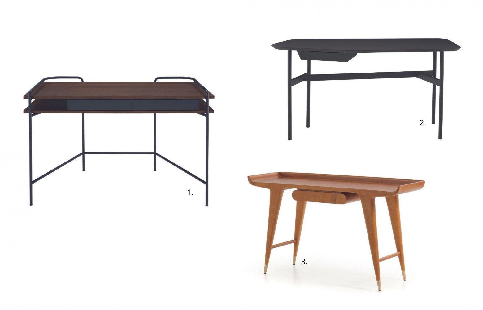 1. Bureau Alando en noyer et en métal, design par Eric Jourdan, 1991€. Ligne Roset. 2. Bureau...