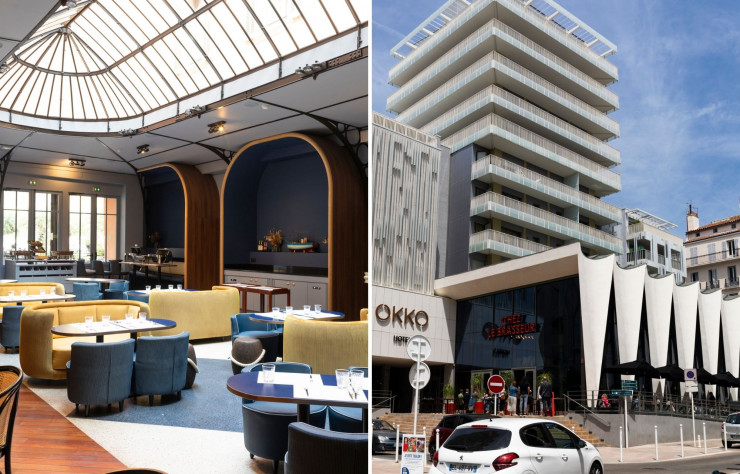 A gauche : L’équerre, restaurant de l’hôtel « l’Eautel », bénéficie de la lumière zénithale d’une verrière Eiffel. A droite : L’hôtel 4 étoiles Okko est situé dans le bâtiment de l’ancienne Caisse d’épargne, réhabilité et devenu Le Métropolitain.