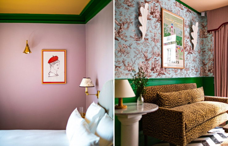 A gauche : Un coup de crayon et un profil qui ne sont pas sans rappeler ceux de Jean Cocteau. A droite : Canapé léopard, tapisserie en toile de Jouy, rideau à rayures et colonne minérale, un décor un peu chargé… pour une expérience inoubliable qui sort du conformisme et de la standardisation hôtelière.