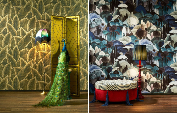 A gauche : Bird of Paradise s’inspire de la plante sud-africaine éponyme. Impression sur textile satiné et lin. Disponible en 3 coloris, Blush, Gold et Emerald (largeur 130 cm, livrable au mètre linéaire). A droite : All’Ombra dei Cipressi est une interprétation d’un paysage toscan vallonné. Impression sur textile finition chenille. Disponible 1 en 3 coloris, Morning Glow, Forest Walk et Midnight 3 Dream (largeur 130 cm, livrable au mètre linéaire).