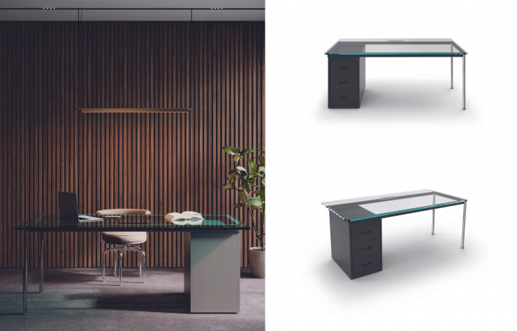 En appartement, dans un petit lobby d’hôtel ou au travail, le Bureau LC10 la semaine à Paris, signé du trio magique Le Corbusier Perriand Jeaneret, est désormais disponible avec raccordement électrique et prise USB. Le fauteuil pivotant LC7, de Charlotte Perriand, le complète harmonieusement.