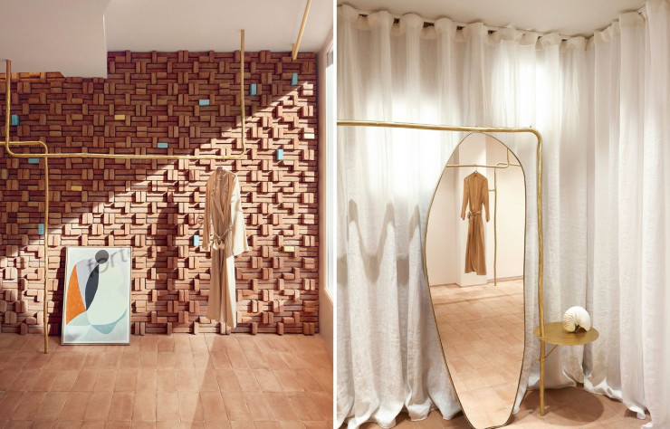 Le laiton utilisé, fait partie de la « grammaire matérielle » du duo de fondateurs. Il a servi à fabriquer plusieurs éléments du magasin, notamment les tringles à vêtements, les miroirs aux formes organiques et les marches d’escalier ultrafines.