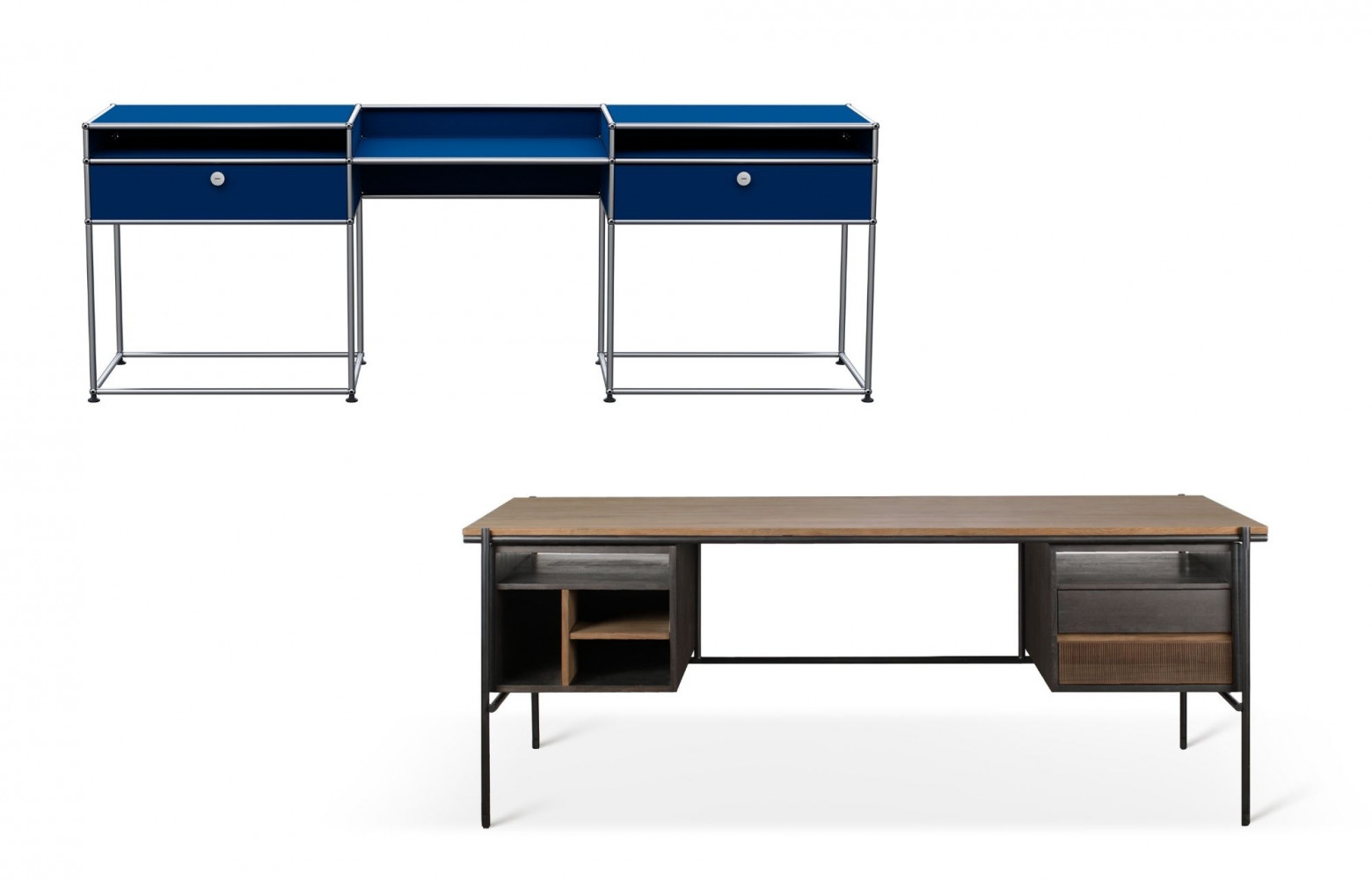 A gauche : Bureau-console en métal et en acier, à partir de 2490€. USM Haller. A Gauche...