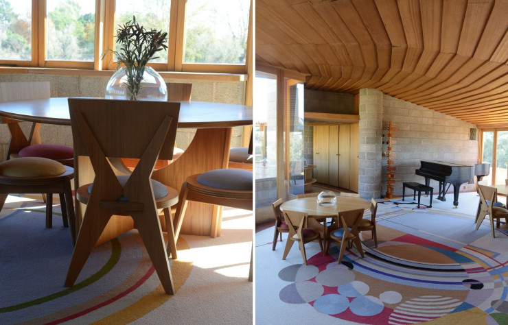 L’intérieur de la David and Gladys Wright House est une ode aux géométries courbes. Les couloirs ondoient. Les parpaings forment ici et là des colonnes. Question déco, la moquette évoque superbement les toiles des Delaunay et le centre de table est une sphère de verre. Preuve que Frank Lloyd Wright concevait l’intérieur et l’extérieur de ses réalisations avec un même soin.