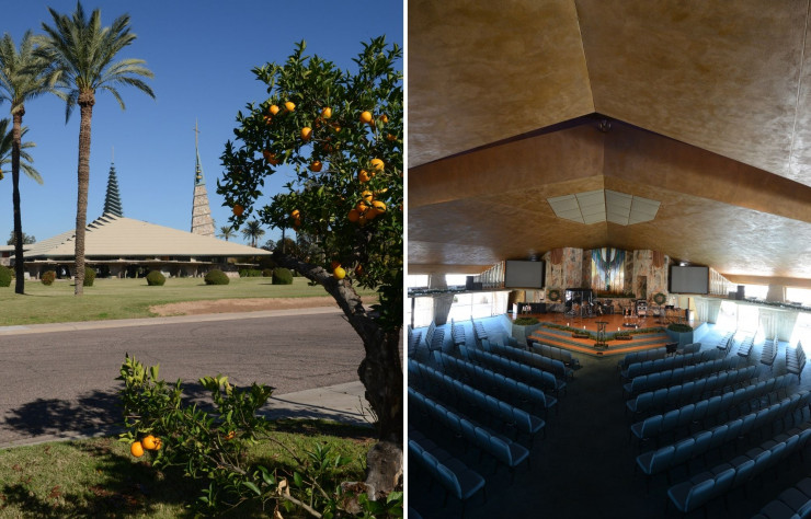 Extérieur et intérieur de la First Christian Church, dans le quartier de Krall Manors, à Phoenix, un coin tranquille riche en palmiers et en agrumes. L’église, avec son toit pyramidal et ses clochers triangulaires, tire ses formes de la sainte Trinité. Conçue par le très pieux Frank Lloyd Wright en 1949, l’église ne fut construite qu’à titre posthume, dans les années 70, sous la supervision sourcilleuse d’Olgivanna Wright, la troisième épouse de l’architecte, qui fut aussi sa collaboratrice.
