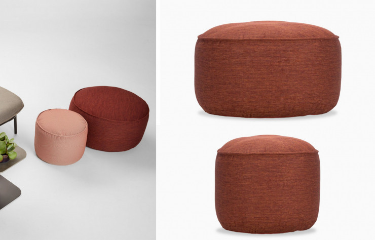 Pouf d’extérieur Olaf en revêtement tissu polyester disponible en corail ou encore en vert forêt.