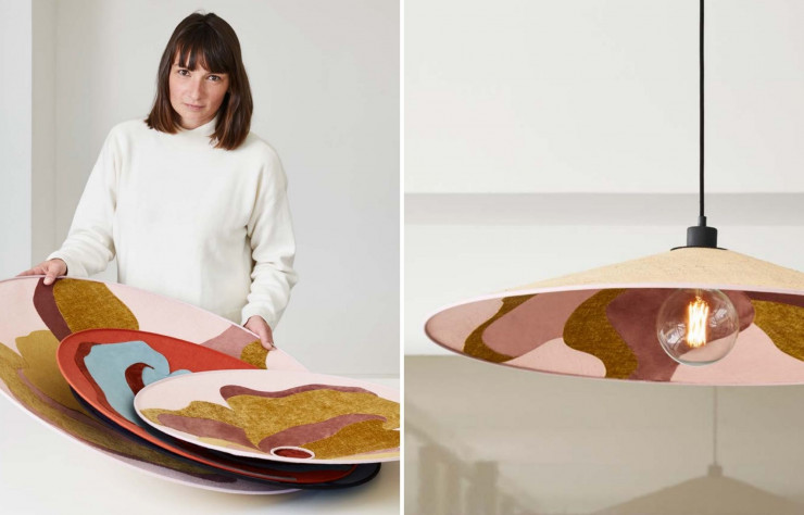 A gauche : Sonia Laudet. A droite : La suspension « Nostalgia Pivoine » présentée lors de Maison & Objet 2021.