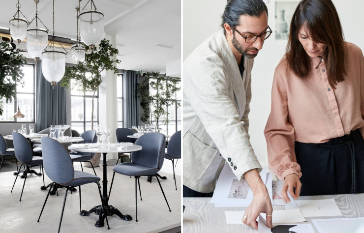 A gauche : La chaise Beetle intègre le décor du restaurant Verandah, à Copenhague, conçu par le couple d’architectes A droite : Le duo Gamfratesi