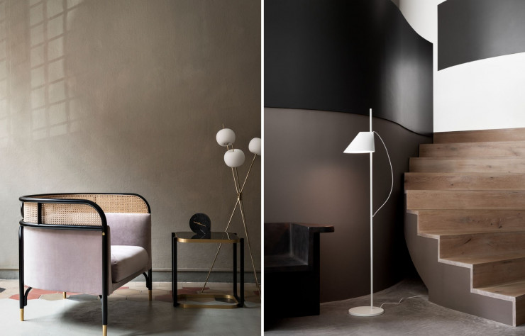 A gauche : Gebruder Thonet Vienna Targa Lounge. A droite : Lampe Louis Poulsen « Yuh Lamp ».