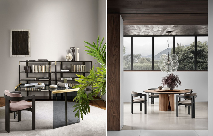 A gauche : Le bureau President Junior, dessiné en 1971 par le studio de la marque, paraît cette année dans une édition President Gold. Le système d’étagères Syil, d’Oscar et Gabriele Buratti, est en aluminium anodisé noir rehaussé de détails dorés en laiton. A droite : La table Manto, de Pietro Russo, s’entoure de fauteuils 0414 dessinés par le studio de Gallotti&Radice. Suspension Bolle Cielo, de Massimo Castagna.