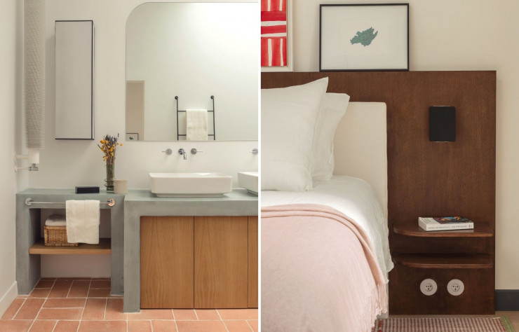 A gauche : La salle de bain très lumineuse éclairé par une lumière zénithale. Meuble sur-mesure en béton ciré. A droite : La tête de lit de la chambre parentale en bois en harmonie avec le reste de la maison.