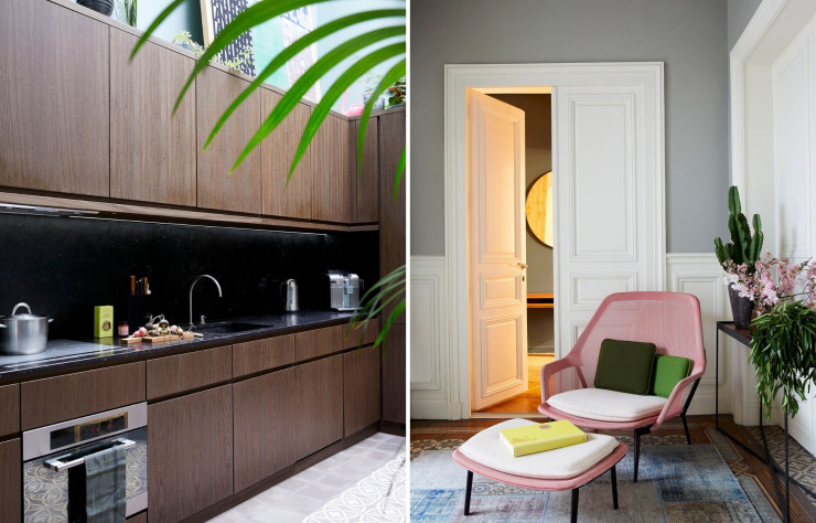 A gauche : La cuisine réalisée sur mesure. A droite : Le salon familial aux touches de couleurs vitaminées.