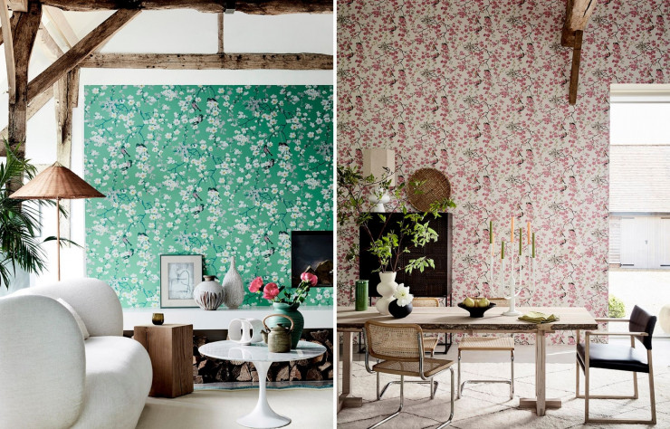 Parmi les nombreux modèles récupérés dans des châteaux et maisons de maître britannique, puis retravaillés par Little Greene, Massingberd Blossom provient de la propriété dénommée Gunby Hall, dans le Lincolnshire. Il appartient à la collection « National Trust Papers II », deuxième volet de la collaboration entre le fabricant de peinture et de papier peint et le National Trust.