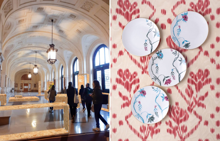 A gauche : À la Sorbonne, l’exposition « Vivement demain ! » réunit les travaux des étudiants de huit écoles supérieures autour du thème de l’environnement. A droite : Dans le parcours rive gauche, Marie Daâge expose dans son showroom, 12, rue de Tournon (VIe), ses services en porcelaine, entièrement peints à main levée.
