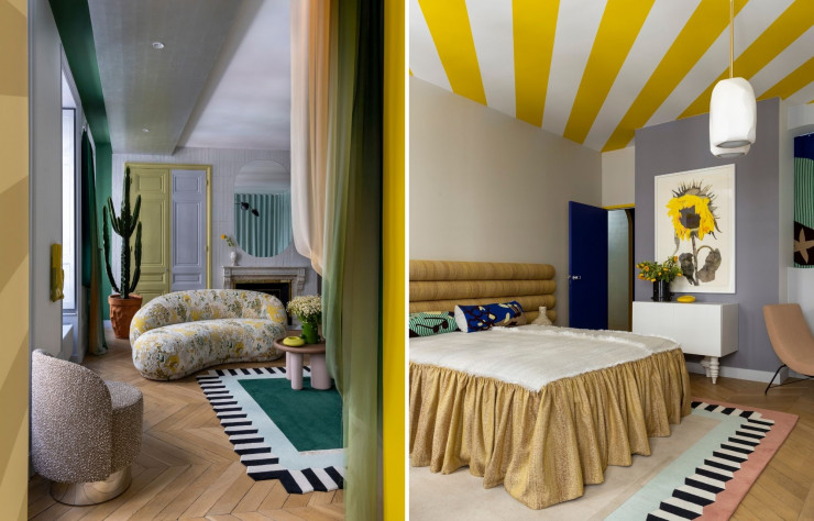 A gauche : Dans le salon, le canapé Julep,(Tacchini), paré d’un tissu Métaphores, se transforme en rocaille végétale. A droite : Dans la chambre, la tête de lit est réalisée par Studiopepe avec le tissu éclat de maïs de l’éditeur Métaphores. Le couvre lit est dessiné par la décoratrice d’intérieur avec les tissus éclats de maïs et éclat de nuage. Tableau Tournesol de Françoise Pétrovitch galerie Semiose. L’œuvre au néon de Wasted Rita (galerie Slika) a inspiré le nom de sa collection de tapis So much fun.
