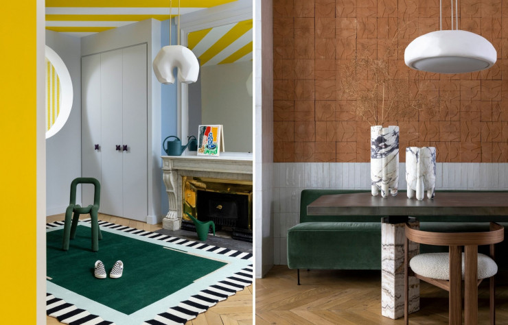 A gauche : L’un des tapis que Claude Cartier vient de créer pour CC-tapis. Avec son plafond rayé jaune et blanc clin d’œil à Gio Ponti. A droite : Dans la salle à manger, jeu de contrastes entre le zellige brillant et les carreaux de terre de Cristina Celestino pour Fornace Brioni.