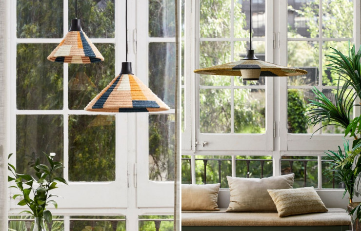 A gauche : les suspensions Parrot XS (diam. 26cm) et S (diam. 40cm) en teinte sable. A droite : La suspension Parrot en format M (diam.60cm) de couleur verte, présentée à Maison & Objet 2021.