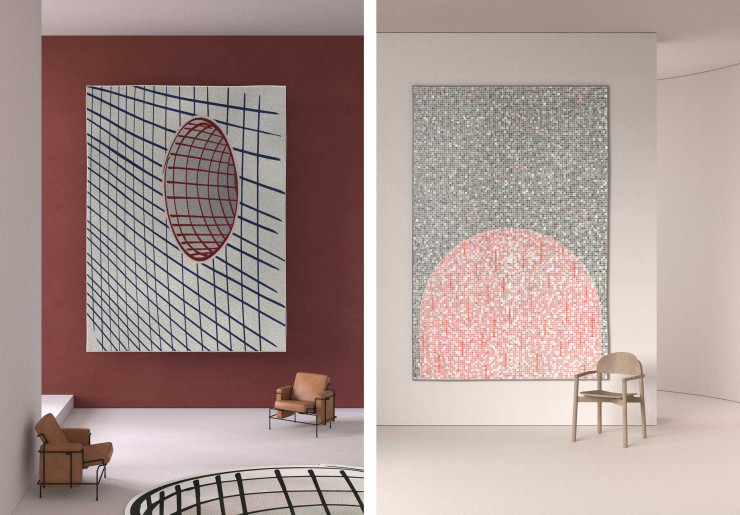À gauche, Hole et son travail sur les perspectives. À droite, Mosaique, un imprimé lui aussi, confirme le talent du créateur pour jouer sur les effets d’optique.