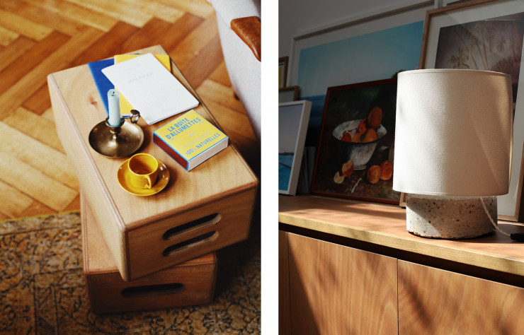 A gauche : le caisson. A droite : la lampe Carotte. Deux objets de la première collection Saint-Lazare.