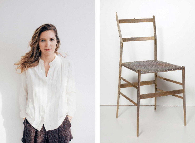 À gauche, portrait de Marion Vignal, curatrice de l’exposition Genius Loci à l’Ange Volant de Gio Ponti. À droite, Superpesante, tirage en bronze de Marion Duclos Mailaender, 2017, Galerie Italienne.
