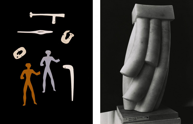 À gauche, étude des costumes et décor par Isamu Noguchi pour « Orpheus » de George Balanchine, 1948, archives du Noguchi Museum. À droite, « Study in the Classical », sculpture en marbre par Isamu Noguchi, 1958.