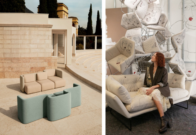 À gauche, les fauteuils plissés « Gala » inaugurent la collaboration de Cristina Celestino avec Saba. À droite, les assises « New York », dans une édition spéciale cosignée par Sergio Bicego et Antonio Marras, dans une installation très libre, « une valeur primordiale » comme les apprécie Alessandra Santi.