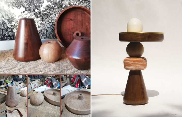 A gauche : Le processus de fabrication. A droite : La table de chevet « Cabochon ».