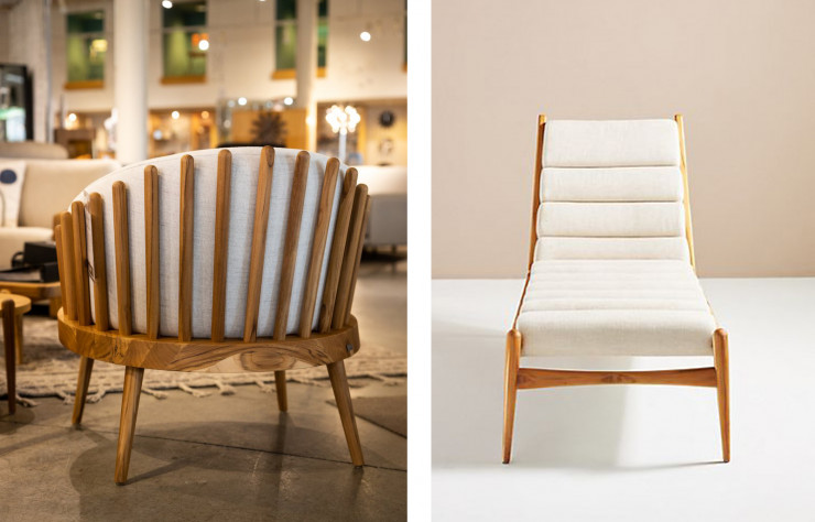 A gauche : le fauteuil Fane. A droite : la chaise longue Wave.