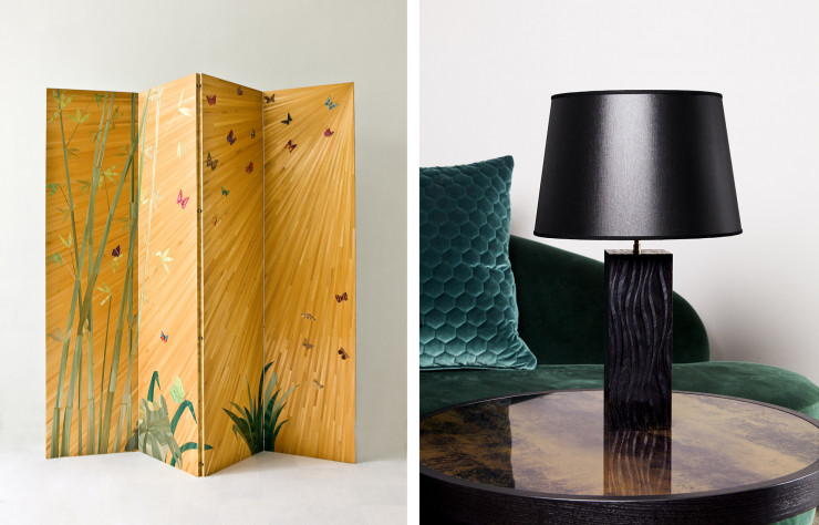 A gauche : Paravent Bambou. A droite : Lampe Méduse.