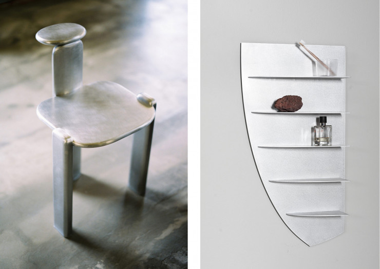 À gauche, chaise Medaillon Dior « Tangelder » par Linde Freya Tangelder. À droite, Etage, un système d’étagères en aluminium pour Valerie Objects.
