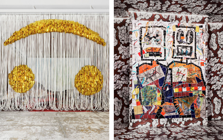 À gauche, Kenny Dunkan, NO APOLOGIES 2021. À droite, la toile de Rashid Johnson immergée dans l’espace intégralement peint par Kenny Dunkan.