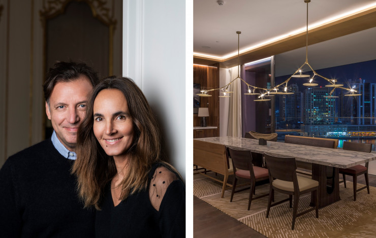 À gauche, portrait de Dorothée Boissier et Patrick Gilles. À droite, résidence Dorchester Collection Dubaï.