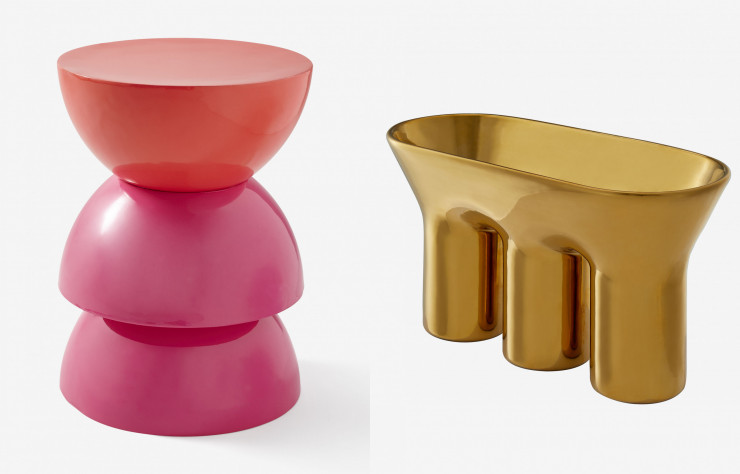 A gauche, tabouret d’India Madhavi, à droite, vase en céramique de Ionna Vautrin