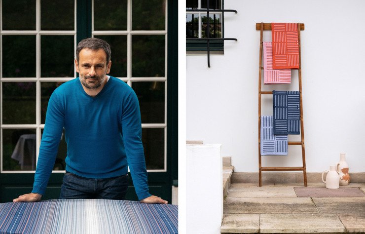 Le Basque Samuel Accocebery travaille localement et s’attache à revitaliser des marques patrimoniales. A droite : Serviettes Foxtada de la collection « Etxe », réalisées avec les tissages Moutet.