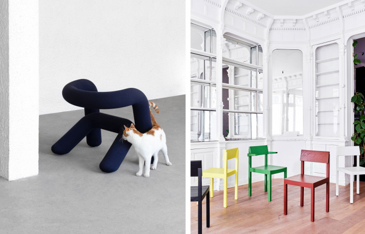 Le fauteuil Extrabold (2021), chez Moustache, reprend le principe de la Bold, comme le tabouret et le banc de la même gamme avant lui. (à gauche) / Les nouvelles chaises et fauteuils Silent (2021) pour l’éditeur belge Valerie_objects. (à droite)