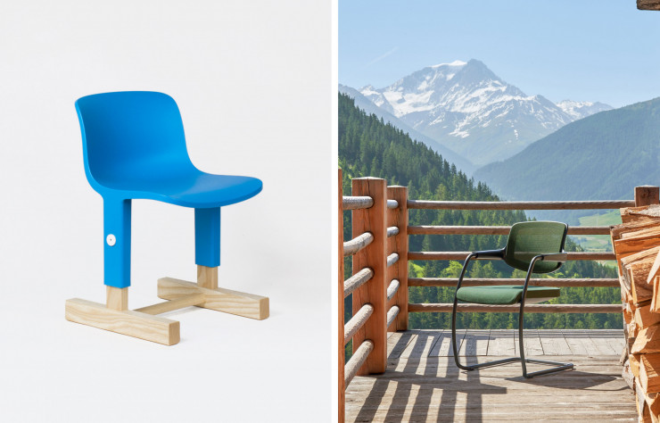 Chaise ajustable pour enfants Little Big (2016) chez l’italien Magis.( à gauche) / Fauteuil de conférence Giroflex 161 dessiné par le studio Dozsa-Farkas en 1997 et repris par Big-Game en 2018, de l’ergonomie aux finitions. (à droite)