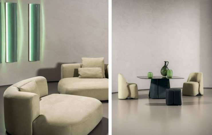 Le sofa Clara (à gauche), les fauteuils et le repose-pied Keren, la table Fany (à droite).