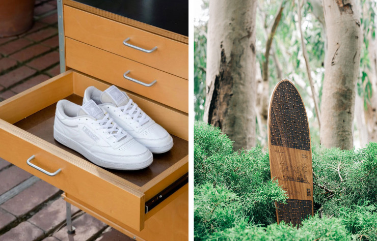 À gauche, sneakers extraites de la collection Club C par Reebok. À droite, planche de skate Globe réalisée à partir d’un eucalyptus qui menaçait la Eames House.