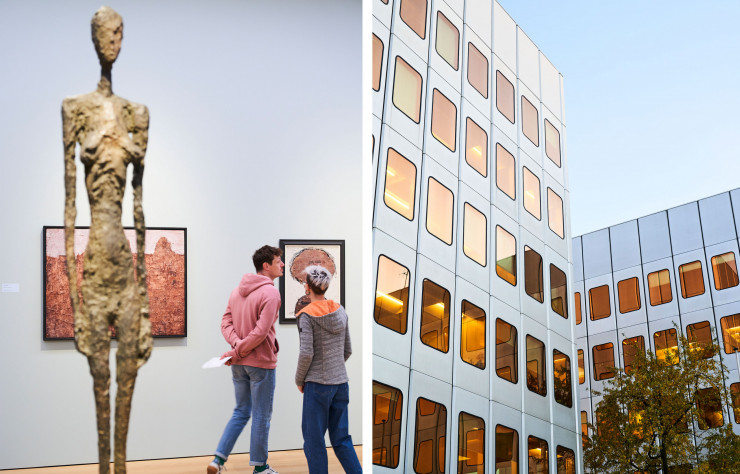 Une sculpture d’Alberto Giacometti dans les salles du MCBA. (à gauche) / Les façades en modules métalliques du complexe du Chauderon, construit au début des années 70 par Roland Willomet et Paul Dumartheray, de l’Atelier des architectes associés (AAA). (à droite)