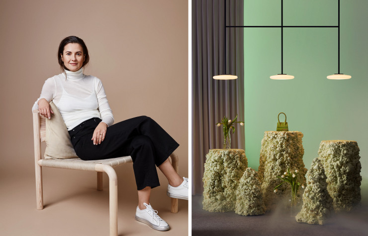 Portrait de la designer et architecte, Joanna Laajisto (à gauche). / D’un éclairage façon bougie à un banc chaud type halogène, Ihana bénéfice d’un variateur capable d moduler sa température de couleur (à droite).