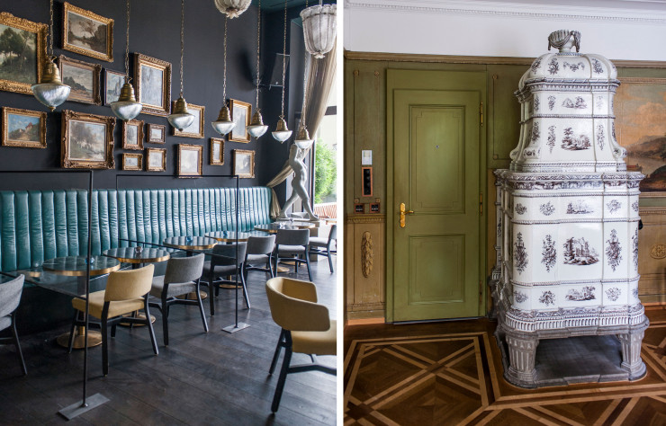 Décor Belle Époque et vue sur les quais, La Terrasse est une brasserie chic de la vieille ville (à gauche). / Le Kachelhofe, le poêle de masse qui chauffait les maisons de l’est de l’Europe des siècles durant. Ici, une relique en faïence précieuse, à l’étage de l’hôtel Storchen (à droite).