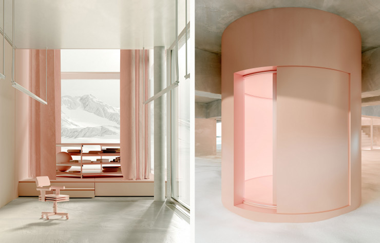 A gauche, le studio de la Winter House, à droite, son ascenseur.