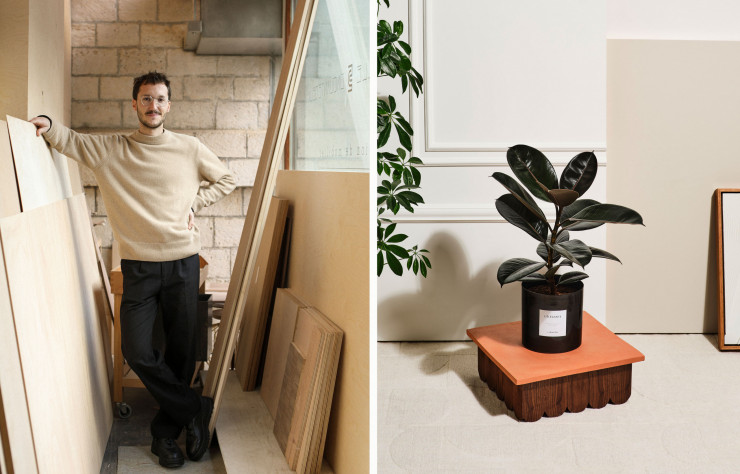 A gauche, le designer Frédéric Pellenq, à droite, le support bas Kabe, pensé par le designer pour By Charlot.