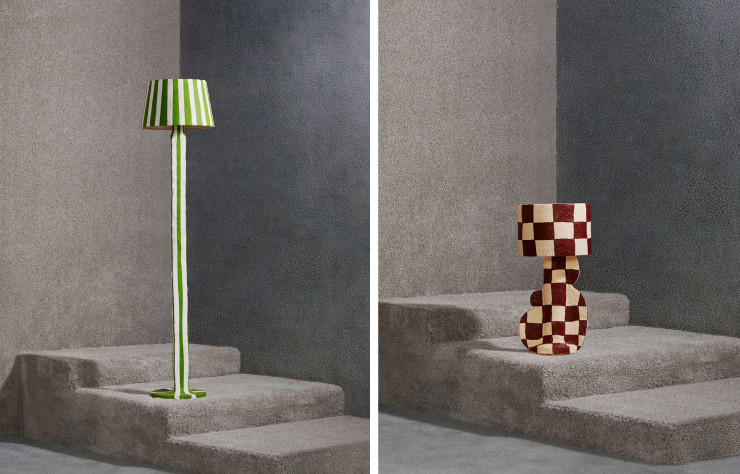 À gauche, striped lamp par Sarah Murphy. À droite, checker lamp par Sarah Murphy.