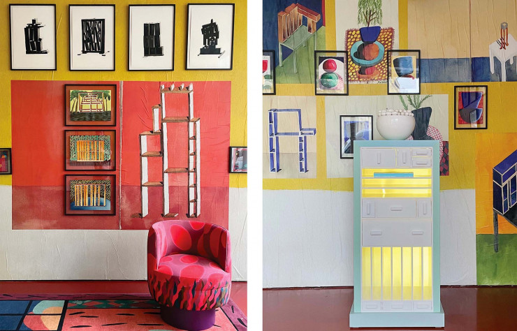 À gauche, fauteuil India Mahdavi x Martine Bedin recouvert du tissu Clair de Lunes. Dessins de Martine Bedin accrochés au mur. À droite, secrétaire Fantôme conçu par Martine Bedin – Project Room #5