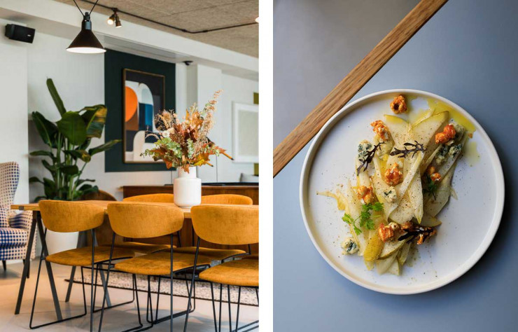 À gauche, salle du restaurant Quartier. À droite, assiette d’endives poire bleu et popcorn proposée pendant la résidence du chef Thomas Coupeau.